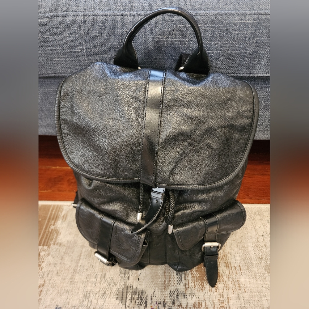 Black Leather Multi-Pocket Backpack - image 2